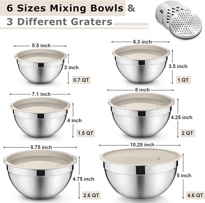 P&P CHEF Mixing Bowls with Lids Set of 6, Nesting Salad Bowl, Khaki | Stainless Steel Bowl & 3 Grater Attachments & Plastic Lid, For Prepping Baking Storing, Sizes with 4.6/2.6/2/1.5/1/0.7 QT