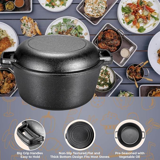 TLGREEN Cast Iron Dutch Oven 5.1QT Pot 1.9QT Skillet Lid Silicone Holders | Cast Iron Skillets, Heat Resistant Stand Included, Fits All Heat Sources for Outdoor Camping, Safe for Long High Temp Cooking