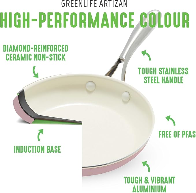 GreenLife Artisan Healthy Ceramic Nonstick, 5QT Saute Pan Jumbo Cooker with Helper Handle and Lid, Stainless Steel Handle, Induction, PFAS-Free, Dishwasher Safe, Oven Safe, Pink