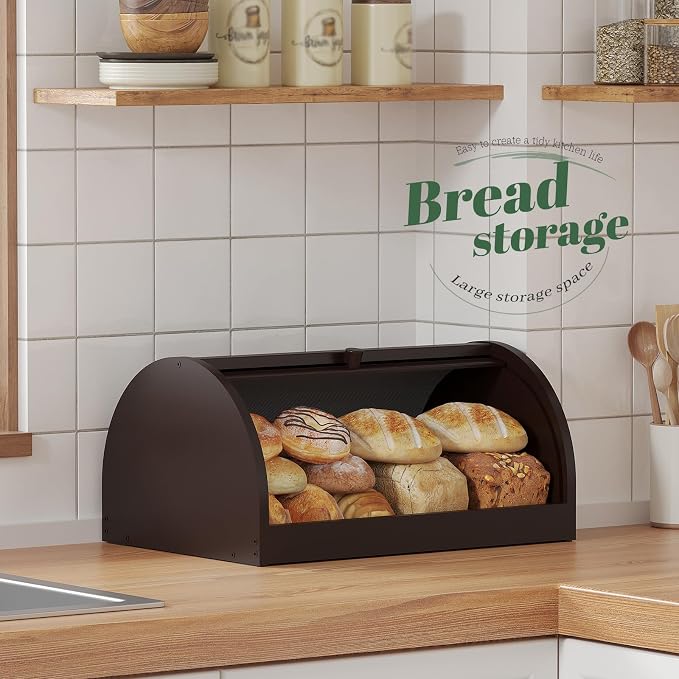 STDDRE Corner Bread Box for Kitchen Countertop Roll Top Bread Box Kitchen Food Storage Box for Homemade Bread Bread Holder for Kitchen Counter Pantry Shelf (Brown)