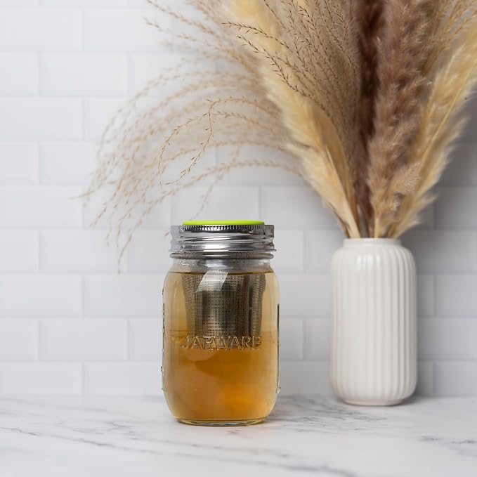 Jarware Glass Mason Jar & Tea Infuser Lid, Jar & Stainless Steel Tea Filter | Steep Loose Leaf Tea In The Regular Mouth 16oz Mason Jar Set | Brew Hot or Iced Tea At Home | Mason Jar Steeper Set