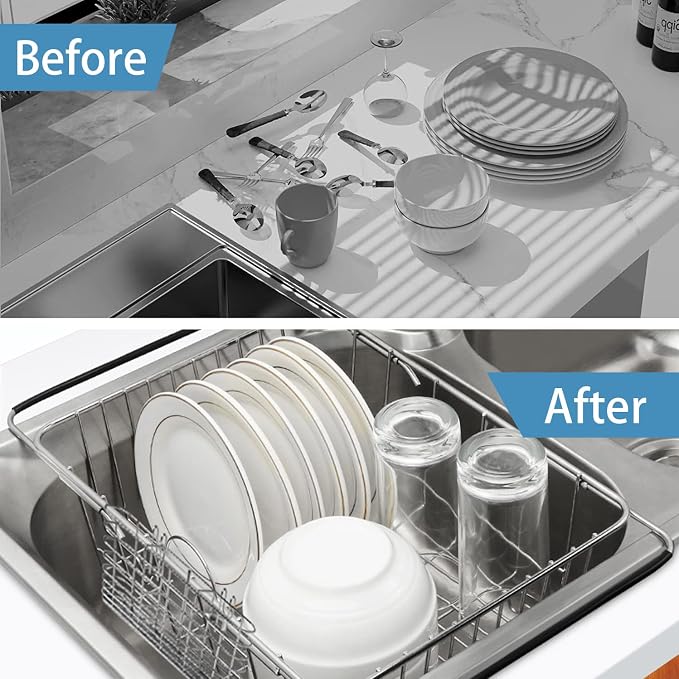 304 Stainless Steel Drying Rack, Expandable, Adjustable Inside The Sink (up to 9 Upright Utensils) | Adjustable Sink Dish Drying Rack, Expandable Stainless Steel Organizer, Fits Most Sinks, Holds Up to 9 Upright Utensils