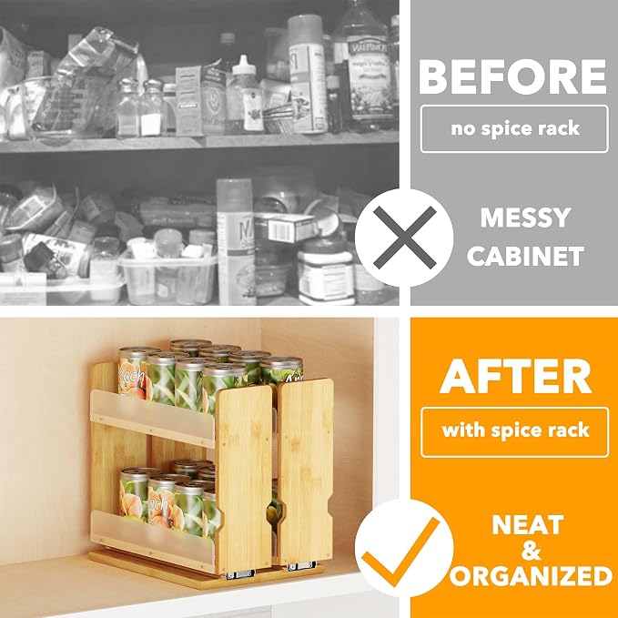 SpaceAid Bamboo Pull Out Spice Rack Organizer for Cabinet, Heavy Duty Slide Out Seasoning Kitchen Pantry Sliding Vertical Organization, 7.3" Wide, 2 Drawers(3" Wide), 2-Tier, Natural