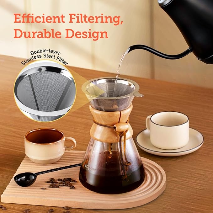Cosori Pour Over Coffee Maker, Double Layer Stainless Steel Filter, 8cup | Drip Coffee Maker, Coffee Dripper Brewer, High Heat Resistant Carafe, also for Camping, Hiking, 34oz