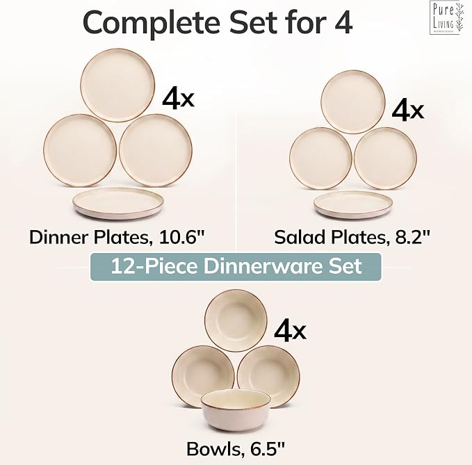 12 Piece Stoneware Dinnerware Set for 4 - Handmade Reactive Glaze Plates and Bowls Set - Chip & Scratch Resistant Dish Set - Dishwasher Microwave Safe - Rustic Beige