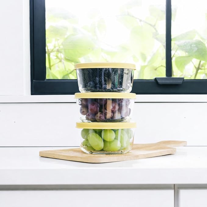 12-Piece Glass Food Storage Containers Set (6 Containers + 6 BPA-Free Lids) | 2-Cup, Leakproof | Microwave, Freezer, Oven & Dishwasher Safe | Ideal for Meal Prep & Pantry Organization, Yellow