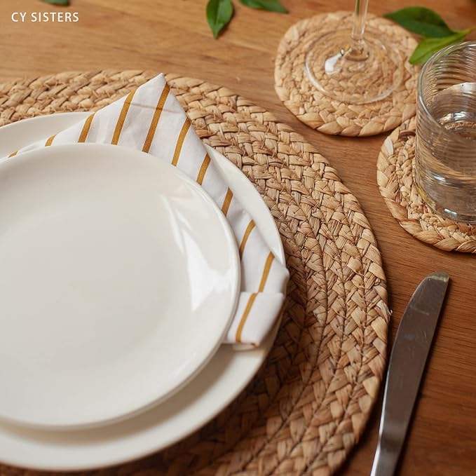 Round Placemats Set of 8 Natural Woven Rattan Placemats, Braided Boho Farmhouse Place Mats Heat Resistant Dining Table Mats Straw Placemat Wicker Outdoor Placemat for Patio Table 13.4''
