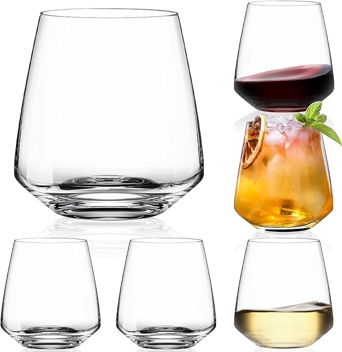 Stemless Wine Glasses Set of 6-15oz【Hand-Blown】 Durable Red White Wine Glasses,Unique Crystal Gifts for Him/Her for Wedding, Birthday,Father's Day
