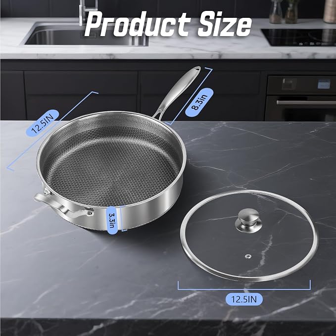 Toutrop Frying Pans Nonstick wih Lid, Non Stick Tri-Ply Stainless Steel Saute Pan, 7 Quarts Large Sauté Pan, 12 Inch Induction Cooking Pan, Dishwasher and Oven Safe, PFOA Free