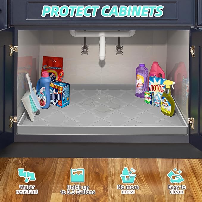 Waterproof Under Sink Mat 31" x 22" Kitchen Cabinet Liner Silicone | BPA-Free Silicone Mat with Raised Lip Protects Cabinets from Leaks, Versatile Home Organizer for Bathroom, Pets, Boots, Floor