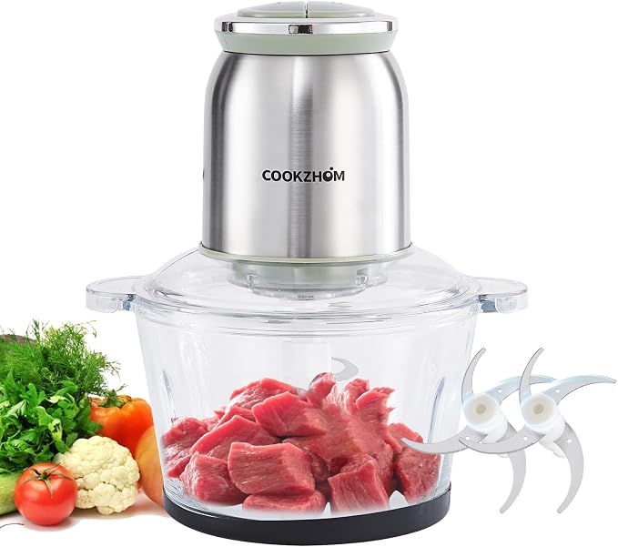 Silver Food Processor,500W Electric Meat Grinder with 8 Cup Glass Bowl and 4 Sharp Blades, Food Chopper & Vegetable Chopper for home use,Meat Processor, Vegetables, Fruits and Nuts
