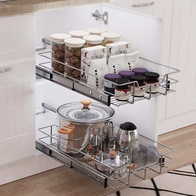Pull Out Cabinet Organizer 11" W X 17" D, Chromed, Full Slide Out Drawers | For Kitchen Organizers and Storage, Pull Out Drawers For Cabinets Capacity Heavy Duty Caddy, Cabinet Shelves, Bathroom Pantry