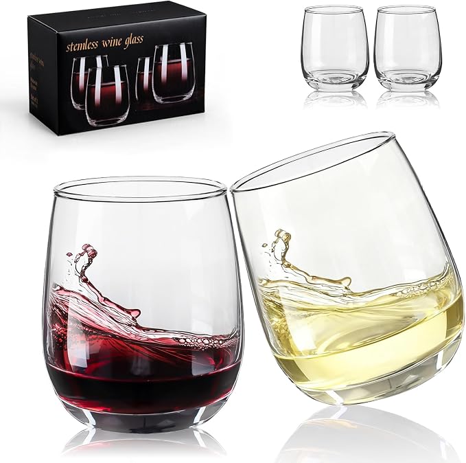 Red Wine Glasses, Stemless Wine Glasses Set 4, Glasses 12 oz, Smooth Rim Wine Glass Set, Cute Wine Glasses, Perfect for Wedding, Anniversary or Christmas Holiday Gifts