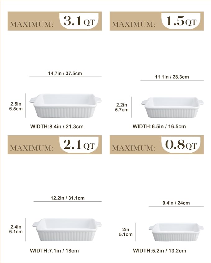 MALACASA Casserole Dishes for Oven, Ceramic Baking Dishes Set of 4, White | Rectangular Deep Lasagna Pans with Handles for Roasting Vegetable, Cake, Durable Bakeware, Wedding Gift(9.4/11.1/12.2/14.7")