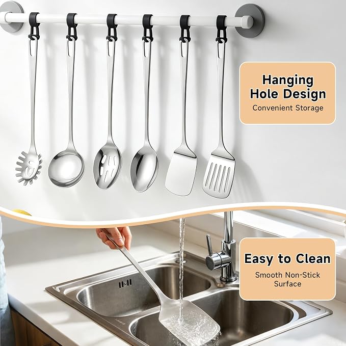 6PCS Stainless Steel Cooking Utensils, Kitchen Metal Spatula Set | Heat Resistant Kitchen Utensils Set, Dishwasher Safe, Home Essentials Kitchen Gadgets Accessories