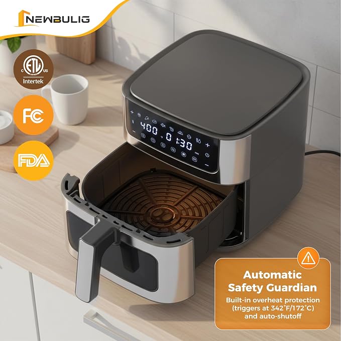 NEWBULIG Air Fryer 6.34QT Airfryer with Visible Window 400℉ Fast Heating Stainless Steel Air Fryers Oven with Nonstick and Dishwasher-Safe Basket 8-in-1 Cooking Preset with Timer Auto-Off