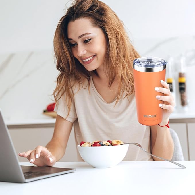 MEZMUT 20oz Insulated Tumbler Travel Coffee Mug with Lid Straw(Orange,1) | 18/8 Stainless Steel Double Wall Vacuum Spill Proof Metal Insulated Tumbler with Daul Lid and Straw, Hot or Iced Coffee Cup