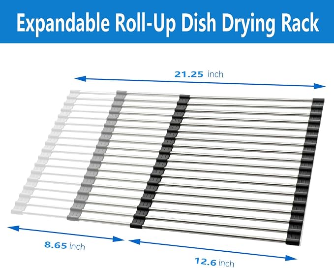 Expandable Roll Up Dish Drying Rack Over The Sink Rack, Foldable Dish Drainer Rack Stainless Steel for Large Sink, Silicone Rollable Collapsible Rack 18 Tube for Kitchen(Sliver,12'' to 21.14”)