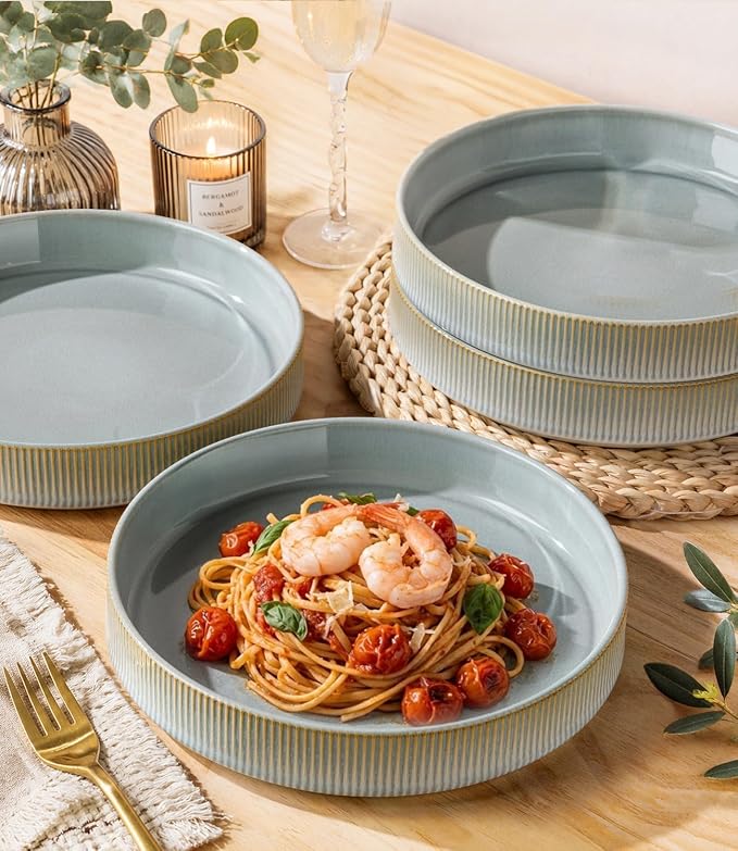 8.25" Ceramic Pasta Bowls Set of 4, Salad Bowls | Versatile Serving Bowls for Pasta, Salad, Fruit & Noodles, Housewarming & Wedding Gift, Desert Sage