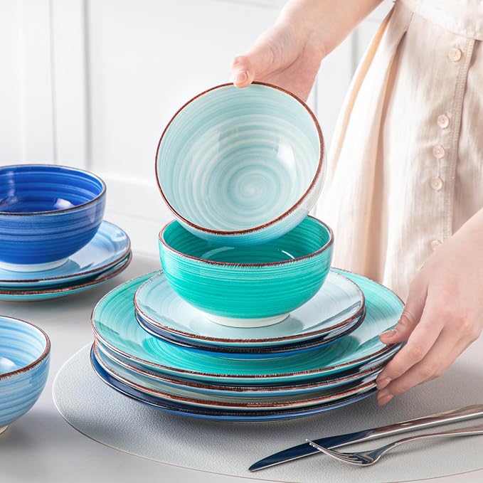 vancasso Bonita Dinnerware Sets 12 Pieces for 4, Ceramic Dishes Set Blue | Hand-Painted Spiral Plates and Bowls Set, Modern Kitchen Plate Set-Microwave and Dishwasher Safe (Blue,12 Pcs)