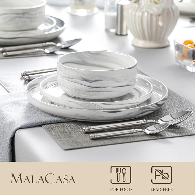 MALACASA 12 Pcs Porcelain Plates and Bowls Sets,Dinnerware Set for 4,Grey | Modern Ceramic Dishware Set,Kitchen Dining Ware,Microwave and Dishwasher Safe,Unique Marble Grey Design,Series LUNA