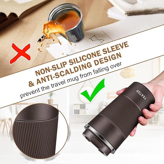 Insulated Travel Coffee Mug 16 oz, Spill Proof Coffee Mug To Go, Leakproof Stainless Steel Coffee Tumblers Reusable Thermal Coffee Cup with Lid for Hot & Cold Drinks (Brown, 510ml)