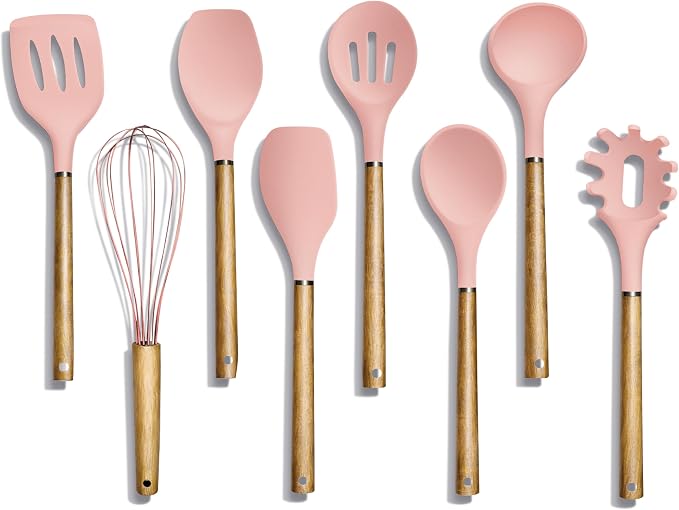 Country Kitchen Non Stick Silicone Utensil Set with Rounded Wood Handles for Cooking and Baking, 8 Piece Set, Pink