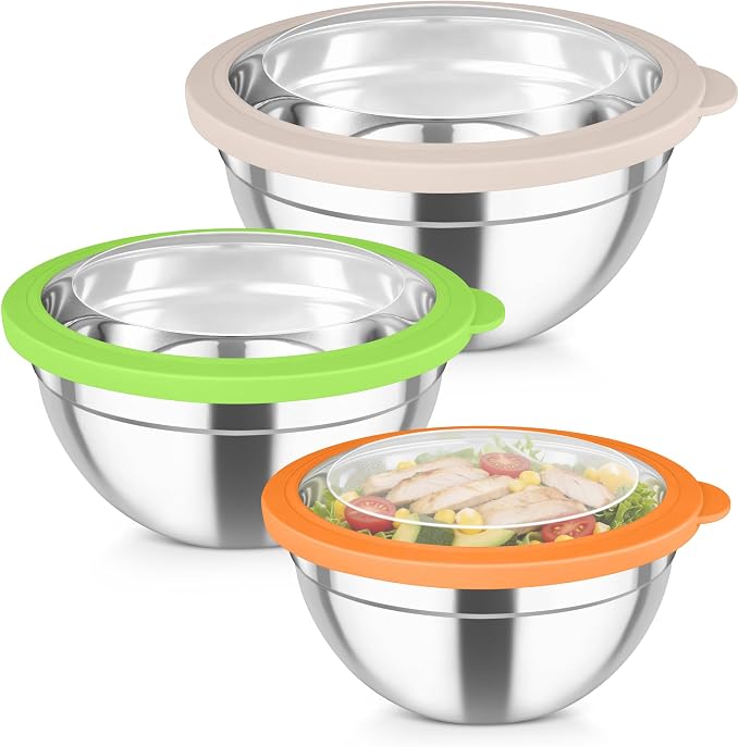 TeamFar Mixing Bowls, 4.5/3/1.5 QT Stainless Steel Nesting Salad Bowls | with Airtight Lids, For Serving/Mixing/Storing/Prepping, Non-Toxic & Sturdy, Visible & Easy Clean, Multi-Color, Set of 3
