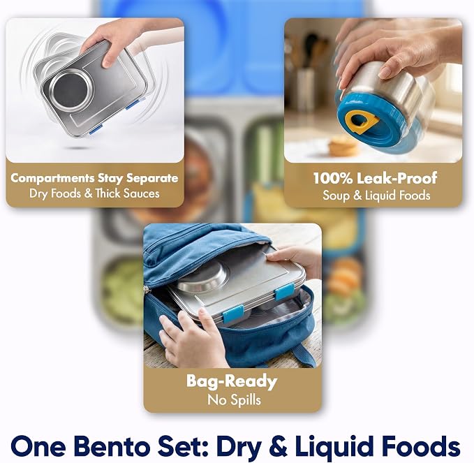 Stainless Steel Bento Lunch Box with 8 oz Insulated Food Jar – 54 oz – Leak-Resistant 3-Compartment Kids & Adult Metal Meal Container with Silicone Container and Thermo for Work & School, BPA-Free