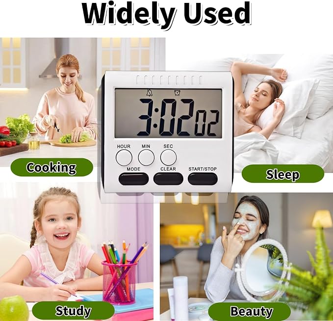 24 Hour Magnetic Timer with Digital Alarm Clock Large Screen, Loud Alarm, Magnetic Back & Hang Hole Kitchen Time with Clip, Fridge Magnet, Stove Timer for Small Spaces Hr Seconds Click Function Black