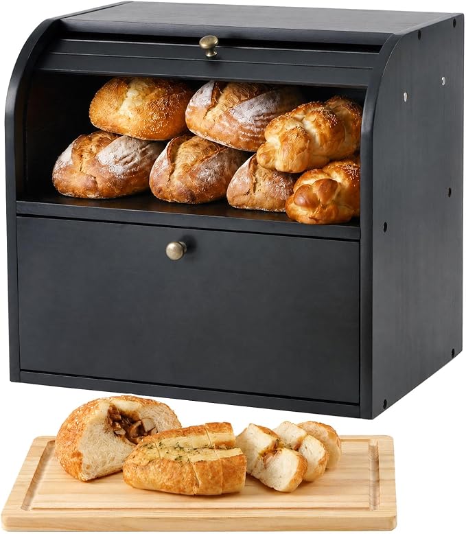 Sunhoo Wooden Bread Box for Kitchen Countertop, Roll Top Breadbox, Black | Large Double Layer Pantry Container, Solid Wood with Cutting Board, Fresh Homemade Sourdough Bin Cabinet, Vintage Farmhouse