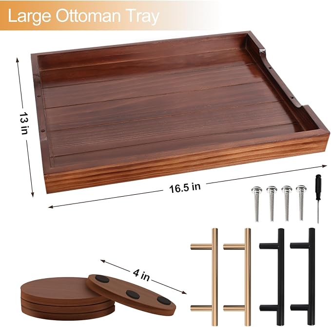 SXNOWS Large Wooden Serving Tray with 2 Sets of Handles,Dark Brown | Rectangle 16.5x13 Inch Ottoman Decorative Tray for Coffee Table Kitchen Bar Living Room Breakfast in Bed, 4 Coasters Included