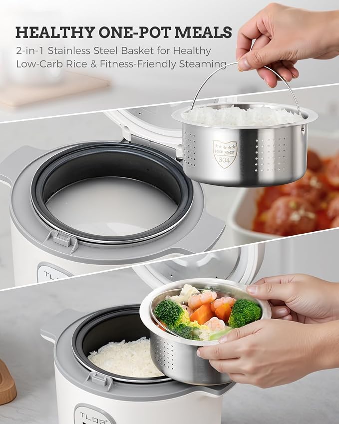 TLOG Low Carb Rice Cooker, 4-Cup Uncooked, 2L, 5 Presets, 24H Timer | 304 stainless steel steamer basket, automatic keep warm, low-sugar cooking, for rice, grains and everyday meal prep