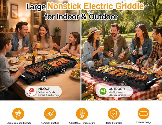 Sunvivi 38'' Extra Large Electric Griddle - Foldable Grill Nonstick Plate | with 2 Adjustable Temp Knobs & Drip Tray,Easy to Clean,1600W for Indoor/Outdoor Teppanyaki BBQ