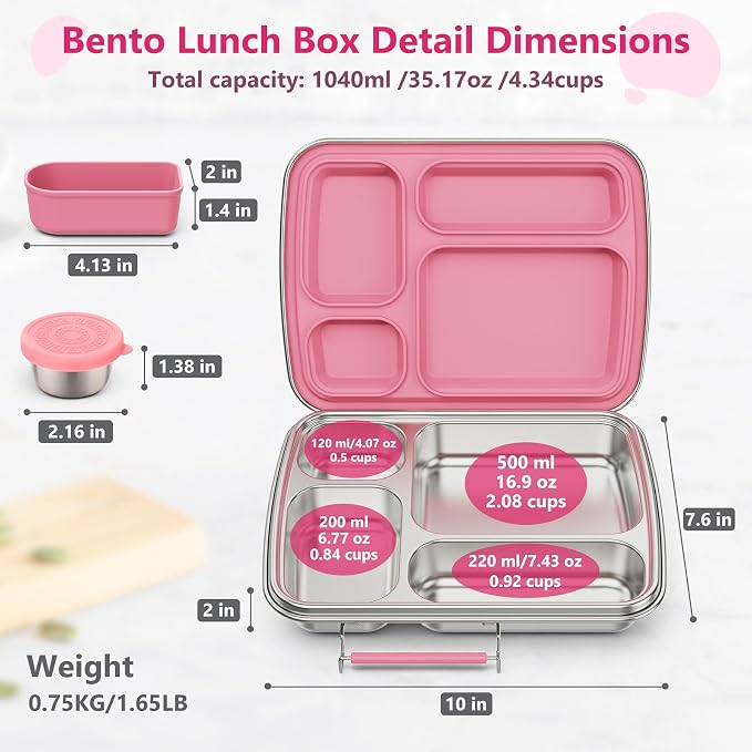 Stainless Steel Bento Lunch Box for Kids & Adults, 4 Compartment Kids Lunch Box, Metal Bento Box with Silicone Container and Stainless Steel Sauce Container,BPA-Free,School,Office(Pink)