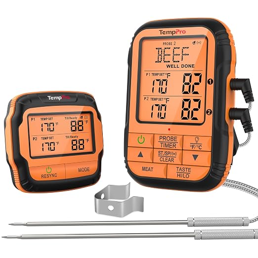 TempPro TempSync 500FT Wireless Meat Thermometer for Grilling and Smoking | RF Technology, 2 Probes, Alarms, Large Backlit Display, Smoker BBQ Kitchen Food Thermometer for Meat Turkey Cooking Gift