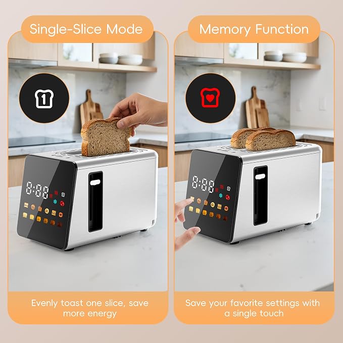 WUNLY Smart Touchscreen 2 Slice Toaster, Wide Slot, Memory & Single-Slot | Digital Timer, Extra Wide Slot for Bagels, 6 Shade Levels & 6 Bread Settings, Reheat, Defrost, Favorite, Silver