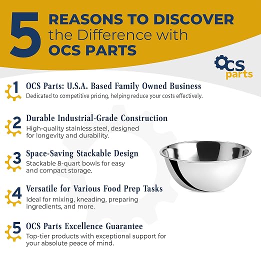 OCS Parts 8 Quart Stainless Steel Mixing Bowl | 13.25-Inch | Professional Grade Flat Base Mixing Bowl