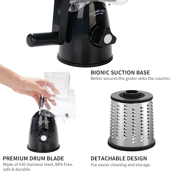 Rotary Cheese Grater Shredder | 3-in-1, Hand Crank, Suction Base