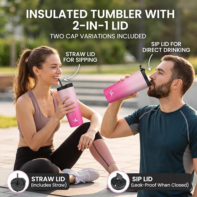 Konokyo 30 oz Insulated Tumbler Water Bottle with Straw Lid, Pastel Sunset | Stainless steel insulated tumbler for coffee, water and iced drinks; spill-proof lid, 2 straws, cup-holder friendly