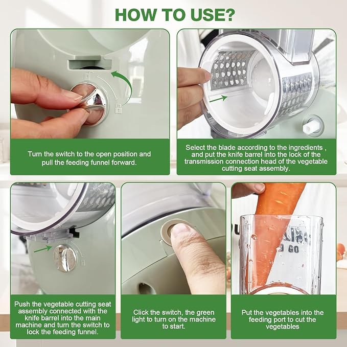 Electric Cheese Grater for Block Cheese - 3 in 1 Rotary Cheese Grater Electric Rotary Grater Salad Shooter Electric Slicer for Cheeses, Fruits, Vegetables and Nuts (Green)
