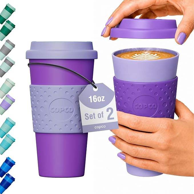 Copco Acadia Travel Mug, 16 Oz - Purple & Light Purple, Set of 2 | Reusable Double Wall Insulated Cup with Spill-Resistant Lid, Non-Slip Grip, Fits Car Cup Holders, Microwave & Dishwasher Safe
