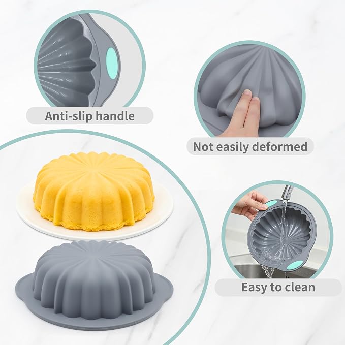 44 Pieces Silicone Round Cake Pans Set, 3 Sizes Silicone Fluted Cake Pan Set with Reusable Baking Cups, Food Grade Baking Molds for Brownie, Bread, Muffin, Light Grey
