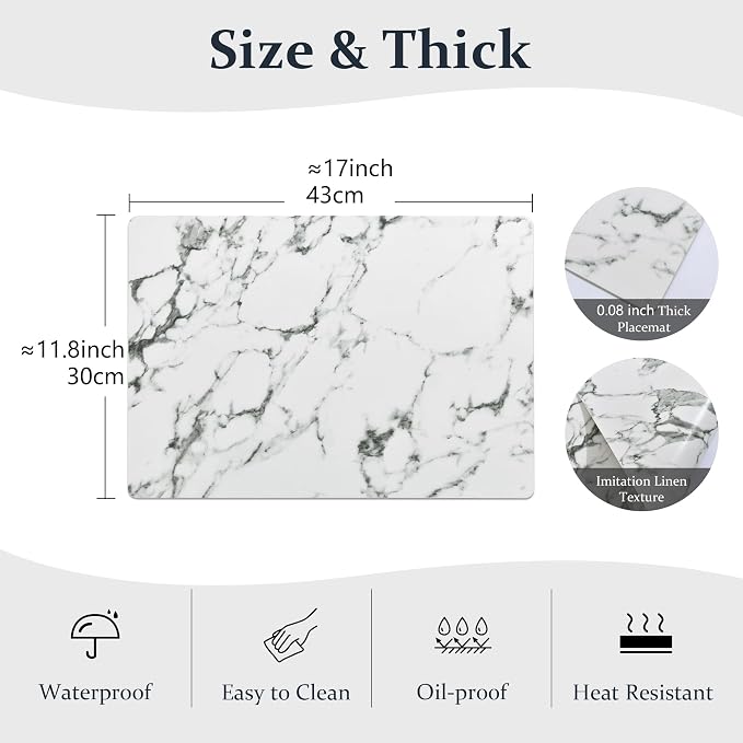 FROMHEART Faux Leather PU Placemats Set of 8 (Marble,11.8" x 17") | Waterproof,Heat/Oil Stain-Resistant Table Mat–Reversible,Non-Slip,Easy to Clean Place Mats for Kitchen,Dining,Indoor/Outdoor