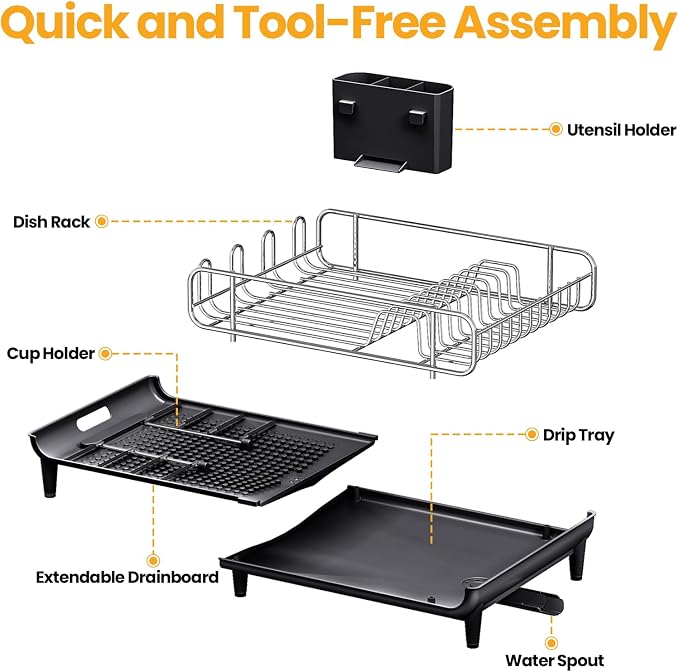 TOOLF Expandable Dish Drying Rack for Kitchen Counter, Black | Collapsible 16.7"-26.8", Stainless Steel Dish Dryer Rack Drainer for RV, Apartment, with Cutlery Holder, Fits for 3-4 People