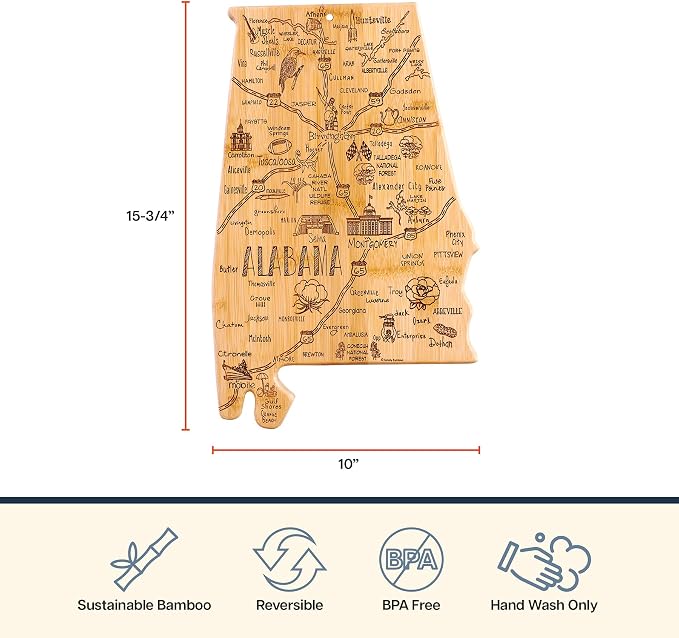 Totally Bamboo Destination Alabama State Shaped Cutting Board | State charcuterie serving board with engraved map artwork. Smooth reverse side for food prep. Hang tie for wall display.