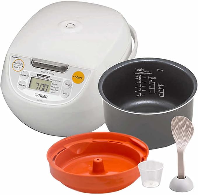 TIGER JBV-S10U 5.5-Cup (Uncooked) Micom Rice Cooker and Warmer with Tacook Food Steamer Cooking Tray Technology, White