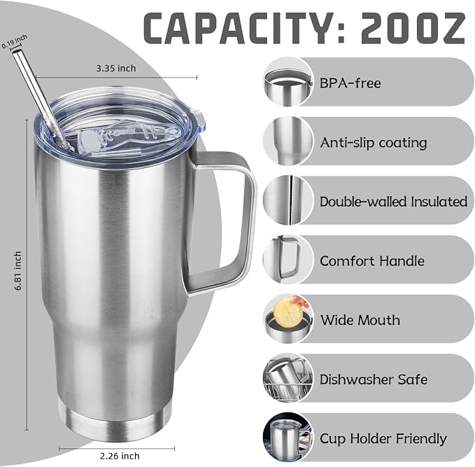 20 oz Tumbler with Handle Stainless Steel Insulated Coffee Tumbler with Lid and Straw Double Wall Vacuum Insulated Coffee Mug Leak Proof Travel Mug Tumbler for Hot and Cold Drink (Silver,6pack)