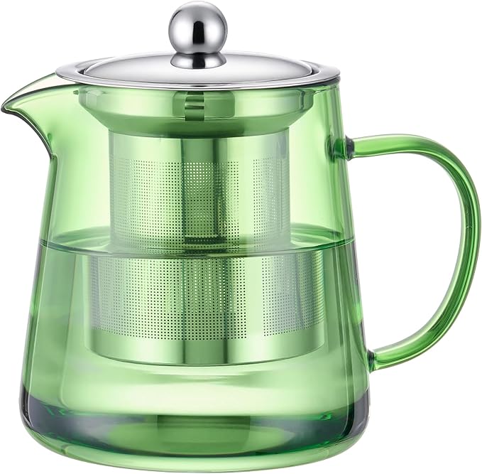 PARACITY Tea Kettle with Infuser, Glass Teapot Stovetop, 18.6 fl oz, 550 ml | (Green) Clear-glass tea maker with removable 18/8 steel infuser for blooming or loose leaf tea; made of borosilicate glass
