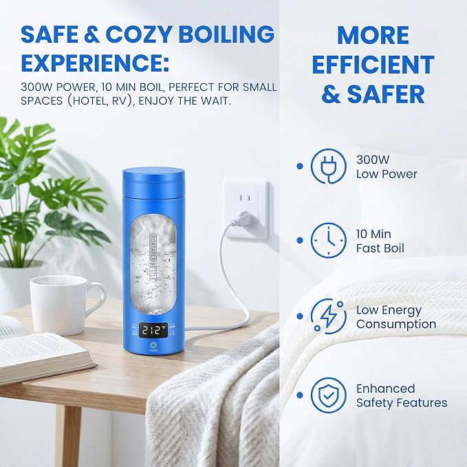 Travel Kettle,Portable Electric Kettle with Temperature Control, Brews Two Cups of Coffee, 316 Stainless Steel Inner Tank, Elegant Blue